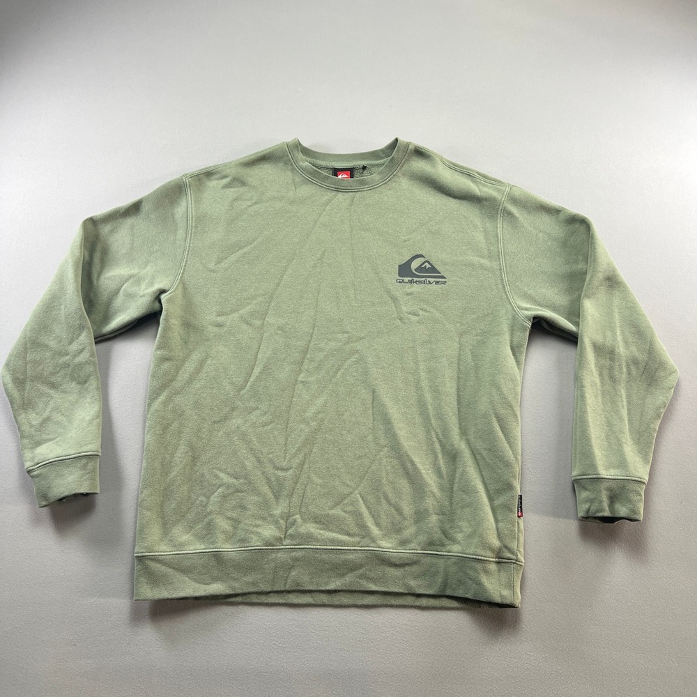 Quiksilver Sweatshirt Mens Medium Olive Green Fleece Lined Logo Ribbed Crew Neck